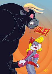 ambiguous_gender anthro bimbo bovid bovine bugs_bunny bull cattle doggy_style duo eyeshadow fembugs_bunny from_behind hi_res interspecies lagomorph leporid lipstick looney_tunes makeup male mammal penis_bigger_than_torso rabbit size_difference skirt_pull toro_the_bull turk128 warner_brothers