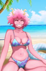 1girls 2d barefoot beach bikini breasts clavicle cleavage closed_eyes collarbone crossed_legs female female_only floater grin highleg horns medium_breasts midriff mina_ashido my_hero_academia ocean outdoors palm_tree pink_hair pink_skin sand short_hair sitting smile solo swimsuit theartofnel water