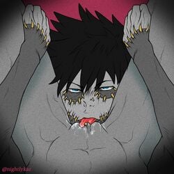 1boy ambiguous_gender artist_name black_hair burn_scar cunnilingus dabi eating_pussy hands_on_thighs licking licking_pussy limited_palette male male_focus my_hero_academia nightlykaz oral oral_sex piercing pussy scar scars self_insert todoroki_touya tongue tongue_piercing touya_todoroki vagina