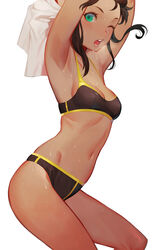 1girls aqua_eyes armpits arms_above_head arms_up athletic athletic_female bare_legs bare_shoulders black_bra black_hair black_panties blush bra breasts brown_skin cleavage clothing clothing_lift dark-skinned_female dark_skin female female_focus female_only heavy_breathing looking_at_viewer medium_breasts midriff navel original panties parted_lips posing revealing_clothes salmon88 shirt_lift shirt_up short_hair simple_background slim solo sports_bra sportswear stomach sweat thighs toned toned_female underwear wet wet_skin white_background