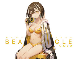 1girls arknights bangs bob_cut bra breasts brown_hair cleavage clothing female female_focus female_only gas_mask hair_between_eyes highres jacket lingerie looking_at_viewer magallan_(arknights) mask medium_breasts midriff navel open_clothes pale-skinned_female pale_skin panties posing revealing_clothes salmon88 short_hair simple_background sitting solo solo_female stomach text thighs toned toned_female two_tone_hair underwear white_background yellow_eyes