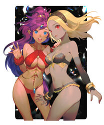 2girls absurd_res alternate_costume arm_warmers ass bare_legs bare_shoulders belly belly_dancer belly_dancer_outfit between_breasts bikini blonde_hair blue_eyes blush bra bracelet breasts brown_skin chocolate_and_vanilla cleavage clothing collarbone crossover dancer dancer_outfit dark-skinned_female dark_skin duo duo_focus elbow_gloves female female_focus female_only front_view gem gold gold_jewelry gravity_rush hairband halterneck harem_outfit high_ponytail highres jewelry kat_(gravity_rush) large_breasts lingerie long_hair looking_at_viewer medium_breasts midriff multiple_girls panties parted_lips pointy_ears ponytail posing purple_hair red_eyes revealing_clothes salmon88 shantae shantae_(character) side_view sideboob smile stomach thighs tiara underboob voluptuous wavy_hair