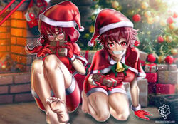 blush christmas christmas_outfit crovoic female female_only looking_at_viewer present red_eyes red_hair saiko-chan saiko_no_sutoka smile watermark