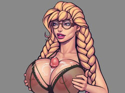 1girls boobsgames bra breasts cum cum_on_breasts female glasses huge_breasts juliet_(warlock_and_boobs) lingerie long_hair nipples_visible_through_bra nipples_visible_through_clothing penis unseen_male_face warlock_and_boobs