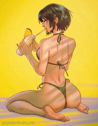 1girls ass back bikini blush breasts debirudude drink earrings female fubuki_(one-punch_man) glass green_eyes green_hair green_nails highleg highleg_bikini highres kneeling looking_at_viewer nail_polish one-punch_man short_hair side-tie_bikini sideboob simple_background solo straw swimsuit yellow_background