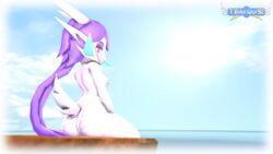 3d 3d_(artwork) anthro aquatic_dragon asian_mythology ass beach big_breasts dragon erect_nipple female female_protagonist freedom_planet horns looking_at_viewer looking_back looking_back_at_viewer nipple nude nude_female ocean popsicle purple_hair purple_nipples purple_skin sash_lilac sitting source_filmmaker tail tbwinger92 tits twintails video_games