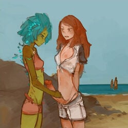 1futa 1girls areola areolae beach blue_eyes blue_hair bottomwear breasts brown_eyes celia_(portals_of_phereon) clothed clothing duo elemental_creature elemental_humanoid erection female flora_fauna flower flower_hair futa_on_female futanari genitals green_body green_skin hair handjob hotpants human humanoid intersex intersex/female long_hair navel nila_(portals_of_phereon) nipples not_furry open_clothing open_topwear outside pale_skin panties partially_clothed penile penis plant plant_hair plant_humanoid portals_of_phereon pseudo_hair red_hair sand sea seaside short_hair shorts small_breasts small_waist standing syvaron thong topwear underwear v-cut water