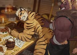 18plusplus 2boys alcohol anthro beer beverage bounty_hunter bovid bovine cattle coin cup duo english_text felid furniture gay imminent_sex male male/male male_only mammal muscular muscular_anthro muscular_male nude pantherine table text tiger wanted_poster yaoi