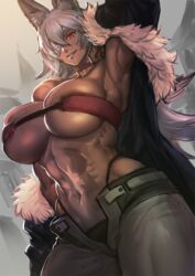 1girls abs animal_ears armpits bikini breasts cat_ears dark-skinned_female eye_patch flexing ghislaine_dedoldia highleg huge_breasts jacket kisuu long_hair muscular_female mushoku_tensei navel open_clothes red_eyes silver_hair solo thick_thighs toned unzipped wide_hips