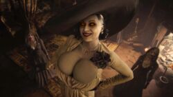 3d absurd_res alcina_dimitrescu bela_(resident_evil) big_hat breasts brooch bursting_breasts busty capcom cleavage clothing daniela_(resident_evil) edit evil_smile female female_focus female_only hand_on_hip hat headwear highres horror hourglass_figure huge_breasts light-skinned_female light_skin lipstick looking_at_viewer makeup pale-skinned_female pale_skin pearl_necklace photoshop red_lipstick resident_evil resident_evil_8:_village scary smile taller_girl vampire video_games voluptuous yellow_eyes