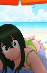 1girls :p ass bangs bare_shoulders barefoot beach beach_ball bikini breasts cleavage feet female_only green_eyes green_hair looking_at_viewer my_hero_academia ocean outdoors sand smile swimsuit theartofnel tongue tongue_out tsuyu_asui umbrella water