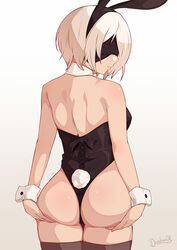 1girls android ass big_ass bunny_ears bunny_tail bunnysuit darahan looking_at_viewer looking_back nier nier:_automata presenting_hindquarters tagme thighhighs white_hair yorha_2b