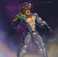 1boy 2019 abs angry anthro armor barazoku belt biceps blue_eyes body_hair brown_body brown_fur bulge chest_hair clothed clothing exposed_chest five_nights_at_freddy's freddy_(fnaf) freddy_in_space_2 fur gloves gun handwear hat headgear headwear helmet inkart_flow male male_only mammal manly multicolored_body muscular narrowed_eyes pecs raised_arm ranged_weapon round_ears rubber rubber_suit shooting_star solo space space_helmet spacesuit squint standing star tan_body tan_skin teeth thick_thighs tight_clothing top_hat torn_clothing torn_spacesuit triceps ursid video_games weapon