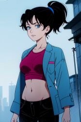 1990s_(style) 1girls aged_up ai_generated black_hair blue_eyes coat dunno_on_the_moon little_star neznaika_on_the_moon outside pale-skinned_female petite ponytail public sports_bra sportswear teenager tied_hair zvyozdochka