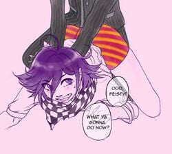 choke_hold danganronpa danganronpa_v3 kokichi_ouma ouma_kokichi partially_clothed pinned_down purple_eyes purple_hair saihara_shuuichi shuichi_saihara straight_hair yaoi