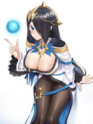 black_hair cleavage dress epic7 fully_clothed green_eyes hair_over_one_eye large_breasts long_hair magician smiling sorceress vivian_(epic7)