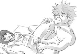 1boy 1boy1girl 1girls breast_outside eduardo_squidwardo female hand_on_pussy katsuki_bakugou kyoka_jiro laying_on_back legs_held_open male male/female monochrome muscular_male my_hero_academia nude nude_male on_back panties partially_clothed partially_nude penetration spiky_hair spread_pussy straight teeth_clenched thesquiddycipher vaginal_penetration