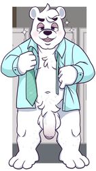 1boy 2021 aggressive_retsuko anthro balls black_nose clothed clothing flaccid foreskin fur genitals hi_res humanoid_genitalia humanoid_hands humanoid_penis male male_only mammal navel necktie open_clothing open_shirt open_topwear partially_retracted_foreskin penis polar_bear sanrio shirota shirt slightly_chubby smooth_fur solo solo_male tbid topwear uncut ursid ursine white_body white_fur