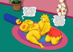 2girls aged_up anal anal_fisting belly big_ass big_breasts blue_hair bynshy chubby clothing deep_anal dialogue double_fisting dress female female_only fisting incest laying_on_back lisa_simpson marge_simpson milf mother_and_daughter necklace open_mouth pussy speech_bubble text the_simpsons yellow_skin yuri