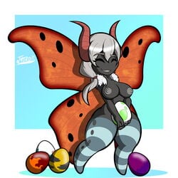 1:1 anthro arthropod big_breasts breasts egg ember_(disambiguation) female game_freak grey_body hair hi_res horn insects lepidopteran mature_female moth nintendo pokémon_(species) pokemon pokemon_bw shortstack solo third video_games volcarona white_hair wings