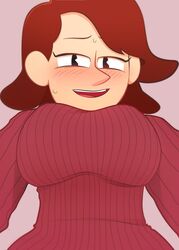 1girls arkeus big_breasts blush breasts brown_hair female female_only hilda_(series) johanna_(hilda) looking_at_viewer low-angle_view milf red_sweater smile solo sweat sweatdrop sweater