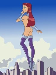 1girls alien alien_girl alien_humanoid ass back_view boots boots_only dc dc_comics fairfaxer female female_only flying green_eyes long_hair naked orange_skin partially_nude public_nudity red_hair redhead sideboob solo starfire superheroine tamaranean teen_titans