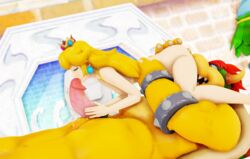 3d 3d_(artwork) 69_position anthro ass balls blonde_hair blue_eyes bowser breasts crown digital_media_(artwork) duo exhibitionism female genitals hair hi_res horn human human_on_anthro interspecies koopa licking male male/female malicekira mammal mario_(series) nintendo nipples oral penile penis penis_lick princess_peach scalie sex shell spiked_balls spikes spikes_(anatomy) super_mario_sunshine tongue tongue_out video_games