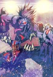 1boy bare_shoulders clothing darkstalkers fingerless_gloves fujii_eishun gloves glowing glowing_eyes guitar highres instrument lord_raptor male_focus musical_instrument open_mouth playing_instrument purple_gloves red_eyes safe sharp_teeth skeletal_hand solo spiked_hair teeth tongue tongue_out vampire_(game) zabel_zarock zombie