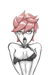 ahegao arms_together belly breasts breasts_apart choker cropped_torso eyes_rolling_back female green_eyes jojo's_bizarre_adventure linea_alba looking_up midriff mrrich navel nipple_slip one_breast_out open_mouth pink_hair plain_background simple_coloring tongue tongue_out trish_una upper_body vento_aureo wardrobe_malfunction white_background