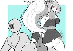 1boy 1girls anthro ass bulge buttjob canid_demon canine clothed_sex clothing covered_buttjob demon duo female grey_hair hair hellhound helluva_boss human interspecies kozacasa looking_back loona_(helluva_boss) male male_human/female_anthro male_human/female_demon raised_tail red_sclera vivienne_medrano white_eyes wolf