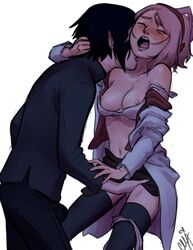 1boy 1boy1girl 1girls black_hair black_socks blush boruto:_naruto_next_generations bra_down bra_strap breast ceejss closed_eyes clothed clothing fingering hand_on_head licking licking_neck medium_breasts naruto naruto_(series) neck_lick nipples open_mouth panties panties_around_leg panties_down pink sakura_haruno sasuke_uchiha skirt socks straight thigh_highs thigh_socks thighhighs vaginal_insertion vaginal_penetration white_background