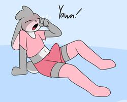 2021 anthro blue_background blush bottomwear bulge closed_eyes clothed clothing english_text erection footwear fur furry furry_only genital_outline grey_body grey_fur grey_hair hair hare henry_(mrrottson) lagomorph legwear leporid male male_only mammal midriff morning_wood mr_rottson onomatopoeia open_mouth penis_outline pink_bottomwear pink_clothing pink_footwear pink_inner_ear pink_nose pink_shirt pink_shorts pink_socks pink_topwear shirt shorts simple_background sitting socks solo sound_effects t-shirt tail text thigh_highs thigh_socks tired topwear waking_up yawn