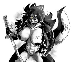 2021 4_fingers abs anaugi anthro areola biceps big_breasts black_body black_fur black_hair breasts canid canine canis domestic_dog erect_nipples female fingers fur genitals hachimitsu hair hair_over_eyes holding_object holding_weapon katana long_hair looking_at_viewer mammal melee_weapon muscular muscular_female nipples nude open_mouth open_smile pussy scar simple_background smile solo standing sword weapon white_background white_body white_fur yellow_eyes