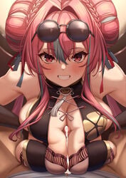 1boy absurdres azur_lane bangs black_dress black_legwear blush breast_squeeze breasts bremerton_(azur_lane) bremerton_(kung_fu_cruiser)_(azur_lane) censored china_dress chinese_clothes cleavage cum double_bun dress eyewear_on_head female halterneck highleg highres large_breasts long_hair looking_at_viewer momo_no_sukebe mosaic_censoring official_alternate_costume paizuri penis pink_hair purple_eyes round_eyewear sideboob sidelocks straight