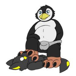 animal_genitalia anthro avian bird bulge canid canine canis clothing clothing_pull domination dove_the_penguin duo foot_fetish genitals hi_res looking_down male male/male mammal membrane_(anatomy) pandao3o paws penguin sheath softdiamond underwear underwear_pull webbed_feet wolf