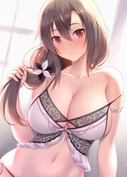 bare_shoulders belly blush bra breasts brown_hair cleavage collarbone eydis_synthesis_ten eye_contact female hair hair_grab holding_hair kawase_seiki lingerie looking_at_viewer medium_breasts navel red_eyes solo solo_female solo_focus stomach sword_art_online underwear