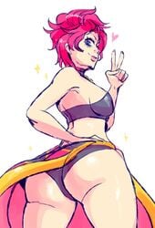 1girls ass black_thong blue_hair bra breasts bubble_butt curvy dat_ass female from_behind hand_on_hip heart huge_ass human jojo's_bizarre_adventure light-skinned_female light_skin looking_at_viewer looking_back midriff notsafeforfruit peace_sign pink_hair short_hair shounen_jump sideboob skirt smile thick_ass thick_thighs thong trish_una upskirt vento_aureo wide_hips