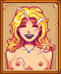 blargsnarf blonde boobs breasts closed_eyes cum cum_on_body cum_on_breasts cum_on_face eyes_closed female female_focus female_only haley_(stardew_valley) happy_female horny_female pixel_art stardew_valley