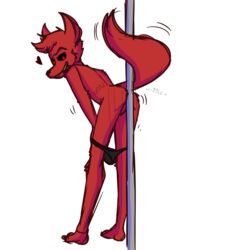 1:1 1boy anthro ass balls black_sclera canid canine canis clothing damian_(zoophobia) dancing demon domestic_dog genitals hi_res looking_at_viewer male mammal nude pole pole_dancing presenting presenting_hindquarters simple_background smile smirk solarlewds solo stripper stripper_pole text undressing vivienne_medrano zoophobia