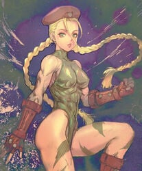 bare_shoulders braid cammy_white clenched_hand covered_abs covered_nipples female fingerless_gloves fingernails fujii_eishun gloves green_eyes green_leotard hair_between_eyes hat highres leotard muscular muscular_female parted_lips pink_lips red_gloves red_headwear solo street_fighter turtleneck twintails