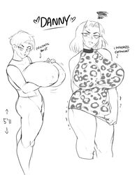 1boy breast_forms breast_padding cheetah_print crossdressing danny_(mewvore) earrings english_text fake_breasts femboy halter_dress halterneck hoop_earrings huge_breasts medium_hair mewvore monochrome pulling_down_dress short_dress sleeveless sleeveless_dress solo strap-on_breasts thick_thighs