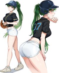 1girls absurdres alternate_costume ass baseball baseball_cap baseball_helmet baseball_mitt baseball_uniform black_shirt blush breasts female fire_emblem fire_emblem:_the_blazing_blade green_eyes green_hair hat helmet highres large_breasts legs long_hair looking_at_viewer lyn_(fire_emblem) lyndis_(fire_emblem) midriff multiple_views navel nintendo ormille ponytail shirt shorts solo sportswear sweat thighs very_long_hair white_background white_shorts