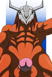 2014 abs balls brown_hair ceratosaur ceratosaurid ceratosaurus digimon digimon_(species) genitals hair hi_res humanoid humanoid_genitalia humanoid_penis iudicium86 looking_at_viewer male male_focus male_only nipples no_humans nude orange_body pecs penis pink_nipples simple_background solo wargreymon