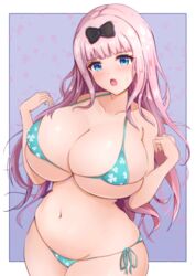 bare_shoulders belly big_breasts bikini bikini_bottom bikini_top black_bow bow breasts cleavage female female_focus female_only fujiwara_chika hairbow kaguya-sama_wa_kokurasetai_~tensai-tachi_no_renai_zunousen~ long_hair micro_bikini micro_bikini_top okabe_gyoza pink_hair skimpy stomach very_long_hair wide_hips