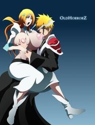 1boy 1boy1girl 1girls areolae armor big_breasts black_sclera bleach blue_eyes breast_grab breasts breasts_out carrying clothing dress facial_mark favorite female hollowfication horns huge_breasts ichigo_kurosaki inoue_orihime kimono long_hair male midriff moaning nipple_suck nipples oldhorrorz open_clothes open_mouth orange_hair short_hair shoulder_pads standing transformation yellow_eyes