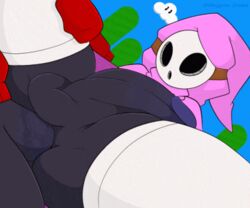 2boys anal anal_sex animated anus balls big_penis black_penis bottomless clothing femboy gay girly low-angle_view lowres male male_only mario_(series) mask multiple_boys nintendo outdoors penis sex shy_guy solo_focus super_mario_bros. testicles thighhighs thrusting video_games whygena