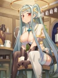 blush cleavage dress epic7 female green_hair healer indoor large_breasts long_hair looking_at_viewer red_eyes roana_(epic7) sitting tavern