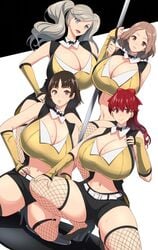 4girls adult aged_up alternate_breast_size ann_takamaki big_breasts cleavage fishnets haru_okumura high_heels kasumi_yoshizawa kloah makoto_niijima multiple_girls persona persona_5 persona_5_royal stockings stripper stripper_pole sumire_yoshizawa