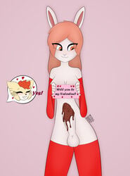 anthro balls blush breasts candy canid canine chocolate clothing dessert duo embarrassed english_text female food fox genitals gynomorph heart hi_res holidays intersex lagomorph legwear leporid lexy_(max_draws) mammal max_draws molly_(max_draws) penis rabbit solo_focus text valentine's_day