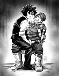 2boys clothed erect_penis erection forced gay hand_on_penis handjob izuku_midoriya knife knifepoint legs_held_open male_only maledom malesub monochrome my_hero_academia partially_clothed partially_retracted_foreskin precum questionable_consent reverse_forced_handjob reverse_rape shouto_todoroki villain weapon wildmage yaoi